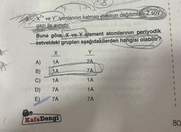 7+
X+ ve Yiyonlarının katman elektron dağılımları Z soy
gazı ile aynıdır.
Buna göre, X ve Yelement atomlarının periyodik
cetveldeki grupları aşağıdakilerden hangisi olabilir?
A)
B)
C)
D)
E)
X
1A
HA
1A
7A
7A
Kafa Dengi
Y
2A
7A
1A
1A
7A
80