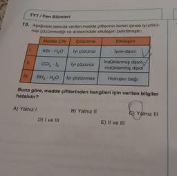 TYT/Fen Bilimleri
13. Aşağıdaki tabloda verilen madde çiftlerinin birbiri içinde iyi çözü-
nüp çözünmediği ve aralarındaki etkileşim belirtilmiştir:
Çözünme
İyi çözünür
III.
1.
Madde Çifti
KBr - H₂O
A) Yalnız I
CC14-12
BH3-H₂O
İyi çözünür
D) I ve III
İyi çözünmez
Buna göre, madde çiftlerinden hangileri için verilen bilgiler
hatalıdır?
Etkileşim
İyon-dipol
B) Yalnız II
İndüklenmiş dipol-
indüklenmiş dipol
Hidrojen bağı
E) II ve III
C) Yalnız III