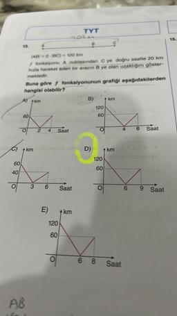 60
40
13.
O
C) km
60
AB
IABI=2-1BCI = 120 km
f fonksiyonu A noktasından C ye doğru saatte 20 km
hızla hareket eden bir aracın B ye olan uzaklığını göster-
mektedir.
Buna göre f fonksiyonunun grafiği aşağıdakilerden
hangisi olabilir?
A) km
A
3
2
4 Saat
6
eijastie sbr D)
E)
120
60
TYT
O
Saat
B
km
B)
120
60
******
km
km
120 by
60
68 Saat
4
6
6
Saat
60
spipsas
9. Saat
15.