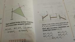 ekil-
ip
8.
düşey
A) F, ve F₂
Üçgen şekildeki türdeş levhayı hangi kuv-
vet ya da kuvvetler dengede tutabilir?
D) Yalnız
C4 C
B) F, ve F
F₂
13
51
6
ma
F2
E) Yalnız F₂
E
78
C) Yalnız F
F3
liệu
39
8
B C
2.
a
F₁
F2
I
F3
Ağırlığı P olan türdeş çubuk şekillerdeki gibi
kuvvetleri ile dengede tutuluyor.
F.F.ve
2
1'
3
Buna göre kuvvetlerin büyüklükleri ara-
sındaki ilişki nasıldır? (9> a)
B) F₁ > F₂ > F3
D) F3 > F₂ > F₁
A) F₁ = F₂=F3
C) F₂ > F₁ = F₂
3
E) F₂ > F₁ = F₂
31