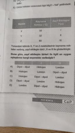 D)
lüdür.
E) Erime noktaları arasındaki ilişki MgO > NaF şeklindedir.
A)
B)
C)
D)
E)
Madde
X
Y
Z
1
11
80
|||
Yukarıdaki tabloda X, Y ve Z moleküllerinin kaynama nok-
taları verilmiş, zayıf etkileşim türü I, II ve III ile gösterilmiştir.
Buna göre, zayıf etkileşim türleri ile ilgili en uygun
eşleştirme hangi seçenekte verilmiştir?
Kaynama
Noktası ("C)
Dipol-dipol
Hidrojen
Hidrojen
Dipol-dipol
London
56
32
11
Hidrojen
London
Zayıf Etkileşim
Türü
Dipol-dipol
London
Dipol-dipol
London
Dipol-dipol
London
Hidrojen
Hidrojen
TYT KİMYA
CAP