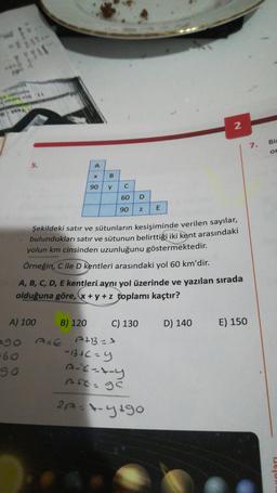 5.
A
A) 100
=90 A=E
=60
90
X
B) 120
90
B
>
C
60 D
90
Şekildeki satır ve sütunların kesişiminde verilen sayılar,
bulundukları satır ve sütunun belirttiği iki kent arasındaki
yolun km cinsinden uzunluğunu göstermektedir.
Örneğin, C ile D kentleri arasındaki yol 60 km'dir.
Z E
A, B, C, D, E kentleri aynı yol üzerinde ve yazılan sırada
olduğuna göre, x + y + z toplamı kaçtır?
C) 130
2
A+B=4
-1+c=y
A-x-x-y
Aft= ge
2A=7-y+90
D) 140
E) 150
7.
Bir
or
Dejana