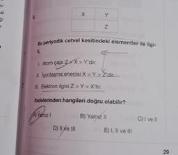 n-
sal
ği
7-
X
A) Yalnız I
Y
Bu periyodik cetvel kesitindeki elementler ile ilgi-
li,
D) II ve III
N
1. Atom çapı ZX > Y'dir.
IL İyonlaşma enerjisi X > Y> Z'dir.
III. Elektron ilgisi Z> Y> X'tir.
ifadelerinden hangileri doğru olabilir?
B) Yalnız II
E) I, II ve III
C) I ve II
29