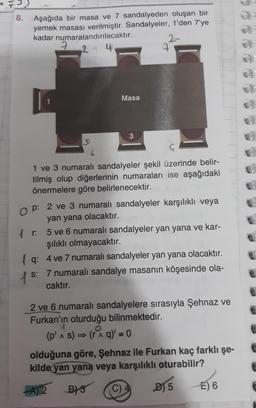 8.
Aşağıda bir masa ve 7 sandalyeden oluşan bir
yemek masası verilmiştir. Sandalyeler, 1'den 7'ye
kadar numaralandırılacaktır.
2
4
1
1
1r:
Masa
3
S:
2
1 ve 3 numaralı sandalyeler şekil üzerinde belir-
tilmiş olup diğerlerinin numaraları ise aşağıdaki
önermelere göre belirlenecektir.
OP: 2 ve 3 numaralı sandalyeler karşılıklı veya
yan yana olacaktır.
7
5 ve 6 numaralı sandalyeler yan yana ve kar-
şılıklı olmayacaktır.
q:
4 ve 7 numaralı sandalyeler yan yana olacaktır.
7 numaralı sandalye masanın köşesinde ola-
caktır.
2 ve 6 numaralı sandalyelere sırasıyla Şehnaz ve
Furkan'ın oturduğu bilinmektedir.
1
(p'^ s) ⇒ (r^ q)' = 0
olduğuna göre, Şehnaz ile Furkan kaç farklı şe-
kilde yan yana veya karşılıklı oturabilir?
A) 2
B) 3
C)
B) 5
E) 6