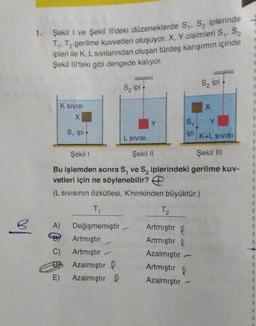 B
1. Şekil I ve Şekil Il'deki düzeneklerde S₁, S₂ iplerinde
T₁, T₂ gerilme kuvvetleri oluşuyor. X, Y cisimleri S₁, S₂
ipleri ile K, L sıvılarından oluşan türdeş karışımın içinde
Şekil Ill'teki gibi dengede kalıyor.
K SIVISI
A)
C)
E)
S₁
Y
ipi K+L SIVISI
Şekil I
Şekil II
Şekil III
Bu işlemden sonra S, ve S₂ iplerindeki gerilme kuv-
vetleri için ne söylenebilir?
(L SIVISının Özkütlesi, K'ninkinden büyüktür.)
S₂ ipi
S, ipi
Değişmemiştir.
Artmıştır
Artmıştır
Azalmıştır
Azalmıştır
L SIVISI
Y
S₂ ipi
T2
Artmıştır Q
Artmıştır Q
Azalmıştır
Artmıştır Q
Azalmıştır
X