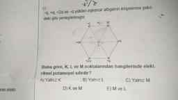 nin elekt-
12.
-q, +q, +2q ve-q yükleri eşkenar altıgenin köşelerine şekil-
deki gibi yerleştirilmiştir.
-
D) K ve M
EL
M
+q
Buna göre, K, L ve M noktalarından hangilerinde elekt-
riksel potansiyel sıfırdır?
Aj Yalnız K
B) Yalnız L
C) Yalnız M
E) M ve L
19