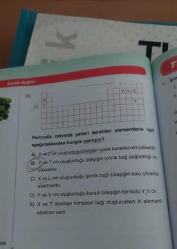 ers
iyonik Bağlar
10.
X
Le Y
k
VLZ
T
Periyodik cetvelde yerleri belirtilen elementlerle ilgili
aşağıdakilerden hangisi yanlıştır?
A) Y ve Z nin oluşturduğu bileşiğin iyonik karakteri en yüksektir.
B) Y ve T nin oluşturduğu bileşiğin iyonik bağ sağlamlığı en
yüksektir.
C) X ve L nin oluşturduğu iyonik bağlı bileşiğin sulu çözeltisi
elektrolittir.
T
1. lyos
1.
D) Y ve V nin oluşturduğu kararlı bileşiğin formülü Y₂V dir.
E) X ve T atomları kimyasal bağ oluştururken X elementi
elektron verir.
11.
11
V
A