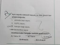 Aiz
Aynı sayıda nükleotit taşıyan iki DNA zinciri kar-
şılaştırıldığında;
pirimidin bazı sayısı,
1.
II. H3PO4 sayısı,
Xll. hidrojen bağı sayısı,
IV. deoksiriboz sayısı
niceliklerinden hangileri farklılık gösterebilir?
A) Yalnız III
B) Ivett
C) II ve II
D) HI ve IV
E) I, II ve IV