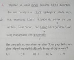 5. Heyecan ve umut içinde günlerce didinir dururduk.
I
Ara sıra hatırlıyorum; büyük ağabeyimin elinde kaz-
||
dima, ortancada kürek, küçüğünde sönük bir gaz
lambası, onlar önden, ben birkaç adım geriden o kor-
IV
kunç mağaradan içeri giriverirdik.
V
Bu parçada numaralanmış sözcükler yapı bakımın-
dan ikişerli eşleştirildiğinde hangisi dışta kalır?
A) I
B) II
C) III
D) IV
E) V