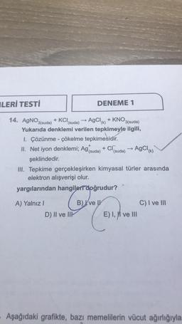 LERİ TESTİ
14. AgNO3 3(suda)
+KCI,
AgCl(k)+ KNO3(suda)
Yukarıda denklemi verilen tepkimeyle ilgili,
(suda)
DENEME 1
1. Çözünme - çökelme tepkimesidir.
+
II. Net iyon denklemi; Ag (suda) + Cl (suda) → AgCl (k)
şeklindedir.
III. Tepkime gerçekleşirken kimyasal türler arasında
elektron alışverişi olur.
A) Yalnız I
yargılarından hangileri doğrudur?
(B)
D) II ve III-
Jaya
B) ve I
E) I, I ve III
C) I ve III
Aşağıdaki grafikte, bazı memelilerin vücut ağırlığıyla