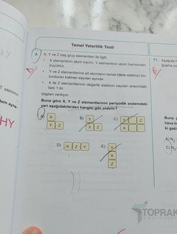 +Y
T yazısının
lem ayna-
HY
1
9.
.
X, Y ve Z baş grup elementleri ile ilgili,
X elementinin atom hacmi, Y elementinin atom hacminden
büyüktür.
Y ve Z elementlerine ait atomların temel hâlde elektron bu-
lunduran katman sayıları aynıdır.
X ile Z elementlerinin değerlik elektron sayıları arasındaki
fark 1'dir.
bilgileri veriliyor.
Buna göre X, Y ve Z elementlerinin periyodik sistemdeki
yeri aşağıdakilerden hangisi gibi olabilir?
X
Y
Temel Yeterlilik Testi
Z
D)
X
B)
ZY
Y
X
N
E)
X
Z
X
Z
picy
11. Aşağıda h
ğuşma sıc
Buna g
hava ör
ki gazla
A) N₂
TO
TOPRAK
yayincili