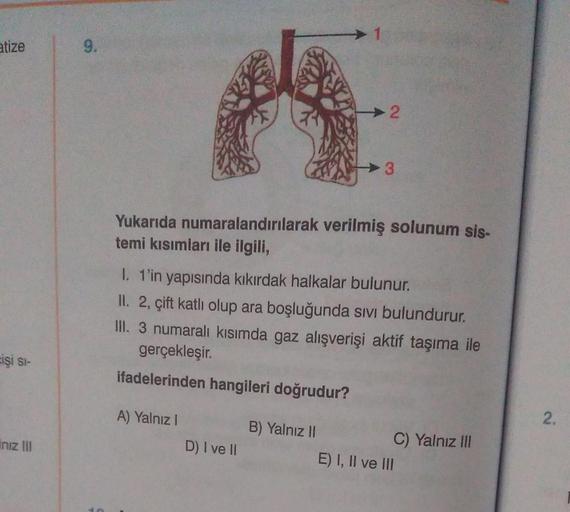 atize
işi si-
niz III
9.
Yukarıda numaralandırılarak verilmiş solunum sis-
temi kısımları ile ilgili,
A) Yalnız I
2
I. 1'in yapısında kıkırdak halkalar bulunur.
II. 2, çift katlı olup ara boşluğunda sıvı bulundurur.
III. 3 numaralı kısımda gaz alışverişi a