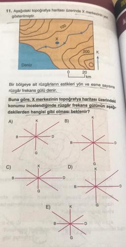 11. Aşağıdaki topoğrafya haritası üzerinde X merkezinin yer
gösterilmiştir.
A)
C)
Deniz
B
Bir bölgeye ait rüzgârların estíkleri yön ve esme sayısına
rüzgâr frekans gülü denir.
Buna göre, X merkezinin topoğrafya haritası üzerindeki
konumu incelendiğinde rüzgâr frekans gülünün aşağı-
dakilerden hangisi gibi olması beklenir?
B)
K
K
G
E)
D
100
B
0
D
B
D)
G
200
B
20
Jkm
G
K
D
DO
ik
D