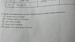 H₂O
H=O=H
5. Aşağıda verilen olaylarda kopan ya da oluşan etkileşimleri zayıf (Z) ve güçlü (G) olarak sınıflandırınız.
..) H₂O(s) + 40,7 kJH₂O(g)
(..) CH₂OH(s) + 35,3 kJ CH3OH(g)
(.) 1₂(k)+ 151 kJ →→→21(g)
dipol
NH3(s)+23 kJ-NH3(g)
(.....) NaCl(k) + 4 kJ Na (suda) + Cl (suda)