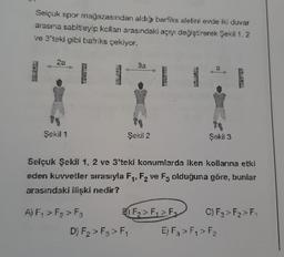 Selçuk spor mağazasından aldığı barfiks aletini evde iki duvar
arasına sabitleyip kolları arasındaki açıyı değiştirerek Şekil 1, 2
ve 3'teki gibi bafriks çekiyor.
2a
Şekil 1
MO
I
A) F₁ > F₂ > F3
3a
Şekil 2
*****
D) F₂ > F3 > F₁
B) F₂ > F₁ F₂
(33
Selçuk Şekil 1, 2 ve 3'teki konumlarda iken kollarına etki
eden kuvvetler sırasıyla F₁, F₂ ve F3 olduğuna göre, bunlar
arasındaki ilişki nedir?
Şəkil 3
GEN
C) F3 > F2₂ > F₁
E) F3 > F1 > F2