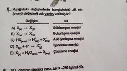 Aşağıdaki değişimlerin hangisindeki AH nin
(enerji değişimi) adı yankış verilmiştir?
Değişim
A) X - X
6) XX
C) HX-H₁+X
- X
D) X₂+e-
E) X₂ + H₂OX
Süblimleşme enerjisi
Buharlaşma enerjisi
Asit iyonlaşma enerjisi
fyonlaşma enerjisi
Çözünme enerjisi
oluşma ısısı, AH = -280 kj/mol dur.