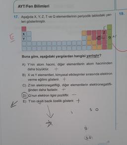 AYT/Fen Bilimleri
17. Aşağıda X, Y, Z, T ve Q elementlerinin periyodik tablodaki yer-
leri gösterilmiştir.
E
X
Z
PE
Buna göre, aşağıdaki yargılardan hangisi yanlıştır?
A) Y'nin atom hacmi, diğer elementlerin atom hacminden
daha büyüktür. +
QA
B) X ve Y elementleri, kimyasal etkileşimler sırasında elektron
verme eğilimi gösterir. +
D) Q'nun elektron ilgisi pozitiftir.
E) T'nin oksiti bazik özellik gösterir. +
T
C) Z'nin elektronegatifliği, diğer elementlerin elektronegatifli-
ğinden daha fazladır. +
SO
19.