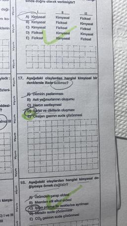 deği-
m ko-
Idenin
yledir:
özleni-
ddesi-
?
alnız III
bilgivolu
bilgivatu
bilgiyolu
bilgiyalu
bligryply
kimya-
B
bilgiyotu
bilgiyolu
C) I ve III
III
bilgiyoly
bilglyolu
bilgivoiv
sinde doğru olarak verilmiştir?
yolu
A) Kimyasal
B) Kimyasal
C) Kimyasal
D) Fiziksel
E) Fiziksel
B
Kimyasal
Fiziksel
Fiziksel
Kimyasal
Kimyasal
H
Fiziksel
Kimyasal
Fiziksel
Kimyasal
Fiziksel
17. Aşağıdaki olaylardan hangisi kimyasal bir
denklemle ifade edilmez?
A) Demirin paslanması
B) Asit yağmurlarının oluşumu
C) Harcın sertleşmesi
D) Sarkıt ve dikitlerin oluşması
E) Oksijen gazının suda çözünmesi
T
18. Aşağıdaki olaylardan hangisi kimyasal de-
ğişmeye örnek değildir?
AY Üzümden şarap eldesi
B) Mısırdan etil alkol eldesi
C) Işığın prizma ile renklerine aynılması
D) Metalin suda çözünmesi
E) CO₂ gazının suda çözünmesi
I