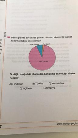 sinda
nt-
ő-
de
de
3-
7
MOYA
18. Daire grafikte bir ülkede çalışan nüfusun ekonomik faaliyet
kollarına dağılışı gösterilmiştir.
%14 sanayi %1 tarım
Who (8
Grafiğin aşağıdaki ülkelerden hangisine ait olduğu söyle-
nebilir?
A) Hindistan
%85 hizmet
D) Ingiltere
B) Türkiye C) Yunanistan
E) Brezilya
Diğer sayfaya geçiniz