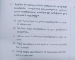 31. Sağlıklı bir kadının üriner sisteminde aşağıdaki
olaylardan hangisinin gerçekleşmesi, glome-
rulus kılcallarından süzülen bir molekülün geri
emilmesini sağlamaz?
A) ADH hormonunun toplama kanalındaki hücrele-
re etki etmesi
B) Süzülen bazı moleküllerin taşıyıcı proteinlere
bağlanması
C) Glomerulus kılcallarında kan basıncının sabit ol-
masi
D) Tübül kılcallarına madde aktarımı sırasında ATP
harcanması
E) Henle kulpu uzantılarının öz bölgesinin derinlik-
lerine uzanması
3