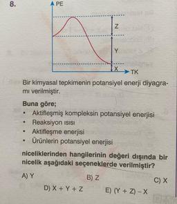 8.
PE
●
IX
TK
lov Bir kimyasal tepkimenin potansiyel enerji diyagra-
mı verilmiştir.
●
Z
14
Buna göre;
Aktifleşmiş kompleksin potansiyel enerjisi
Reaksiyon ISISI
Y
Aktifleşme enerjisi che nonsens
Ürünlerin potansiyel enerjisi
D) X + Y + Z
niceliklerinden hangilerinin değeri dışında bir
nicelik aşağıdaki seçeneklerde verilmiştir?
A) Y
B) Z
E) (Y + Z) - X
C) X