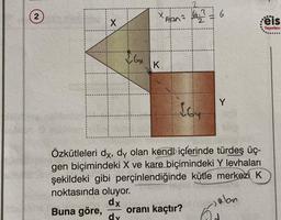 2
X
LGx
X Alan = 144-²
2
K.
Soy
6
Y
Feis
Yayınları
Özkütleleri dx, dy olan kendi içlerinde türdeş üç-
gen biçimindeki X ve kare biçimindeki Y levhaları
şekildeki gibi perçinlendiğinde kütle merkezi K
noktasında oluyor.
dx
Buna göre, oranı kaçtır?
dy
abn