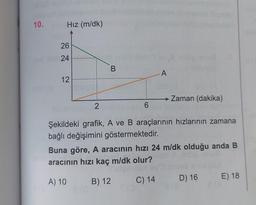 10.
Hız (m/dk)
26
24
12
2
B
A
- Zaman (dakika)
Şekildeki grafik, A ve B araçlarının hızlarının zamana
bağlı değişimini göstermektedir.
Buna göre, A aracının hızı 24 m/dk olduğu anda B
aracının hızı kaç m/dk olur?
A) 10
B) 12
C) 14
D) 16
E) 18