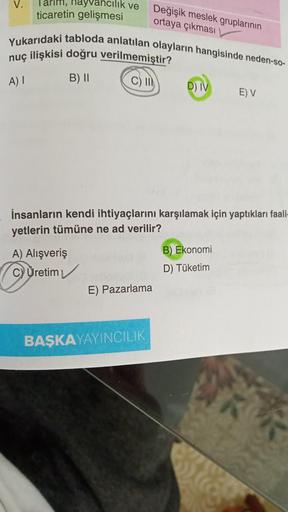 Tarim, hayvancılık ve
ticaretin gelişmesi
Yukarıdaki tabloda anlatılan olayların hangisinde neden-so-
nuç ilişkisi doğru verilmemiştir?
A) I
C) II
B) II
A) Alışveriş
C) Üretim
Değişik meslek gruplarının
ortaya çıkması
E) Pazarlama
İnsanların kendi ihtiyaçl