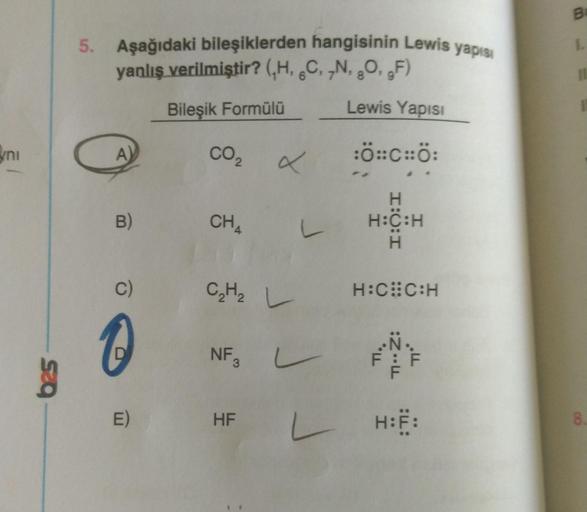 ni
b25
5. Aşağıdaki bileşiklerden hangisinin Lewis yapısı
yanlış verilmiştir? (,H, 6C, N, O, gF)
8
Bileşik Formülü
A
B)
C)
1
E)
CO₂
CH
C₂H₂ L
2/2
7
NF3 L
HF
L
L
L
Lewis Yapısı
:O:CHỐ:
H:C:H
H:C:H
H:C⠀C:H
TI..
:N F
..F
H:F:
B
L.
11
11
8.