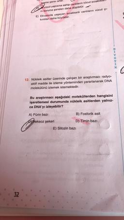 32
üreme şansı artar.
On vücut yapısına sahip canlıların vücut sıcaklı
ni koruma şansları daha düşüktür.
4
E) Ekvatorda yaşayan sıcakkanlı canlıların vücut çı-
kıntıları daha büyüktür.
12. Nükleik asitler üzerinde çalışan bir araştırmacı radyo-
aktif madde ile izleme yönteminden yararlanarak DNA
molekülünü izlemek istemektedir.
Bu araştırmacı aşağıdaki moleküllerden hangisini
işaretlemesi durumunda nükleik asitlerden yalnız-
ca DNA'yı izleyebilir?
A) Pürin bazı
Ceksoz şekeri
B) Fosforik asit
D) Timin bazı
BIHOHIN
E) Sitozin bazı
K