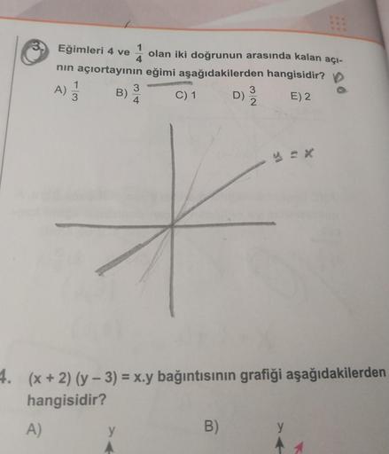 Eğimleri 4 ve
A)
nın açıortayının eğimi aşağıdakilerden hangisidir?
1
D) 03/23
E) 2
A)
B)
1 olan iki doğrunun arasında kalan açı-
4
y
3
4
4. (x + 2) (y - 3) = x.y bağıntısının grafiği aşağıdakilerden
hangisidir?
C) 1
B)
y