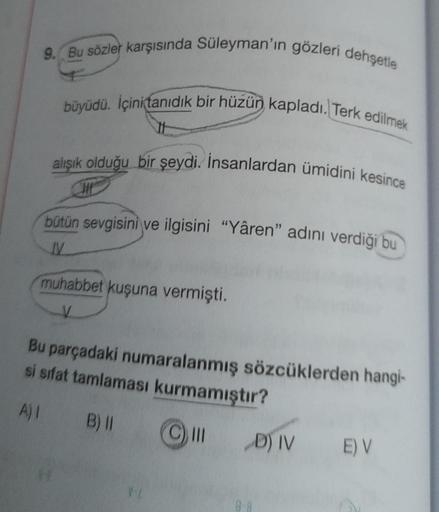 9. Bu sözler karşısında Süleyman'ın gözleri dehşetle
büyüdü. İçini tanıdık bir hüzün kapladı. Terk edilmek
alışık olduğu bir şeydi. İnsanlardan ümidini kesince
bütün sevgisini ve ilgisini "Yâren" adını verdiği bu
IV
muhabbet kuşuna vermişti.
Bu parçadaki n