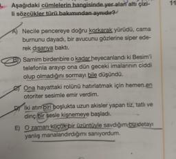 Aşağıdaki cümlelerin hangisinde yer alan altı çizi-
li sözcükler türü bakımından aynıdır?
A) Necile pencereye doğru korkarak yürüdü, cama
burnunu dayadı, bir avucunu gözlerine siper ede-
rek dışarıya baktı.
Samim birdenbire o kadar heyecanlandı ki Besim'i
telefonla arayıp ona dün geceki imalarının ciddi
olup olmadığını sormayı bile düşündü.
Ona hayattaki rolünü hatırlatmak için hemen en
otoriter sesimle emir verdim.
Diki atın biri boşlukta uzun akisler yapan tiz, tatlı ve
dinç bir sesle kişnemeye başladı.
E) O zaman küçük bir üzüntüyle savdığım bu detayı
yanlış manalandırdığımı sanıyordum.
11