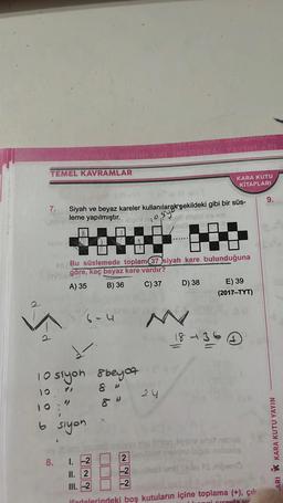 TEMEL KAVRAMLAR
D
7.
Siyah ve beyaz kareler kullanılarak şekildeki gibi bir süs-
leme yapılmıştır.
ved no min.
6-4
d-
10 siyon 8bey of
10
Bu süslemede toplam 37 siyah kare bulunduğuna
göre, kaç beyaz kare vardır?
A) 35
B) 36
C) 37
siyon
pin caso di
8. 1.-2
II. 2
III.-2
Tel 2
-2
-2
erns
24
KARA KUTU
KİTAPLARI
D) 38
E) 39
(2017-TYT)
18-364
tsog digible sint nabris
yse legob nelidslis
Selv
Snipemo
ifadelerindeki boş kutuların içine toplama (+), çık
angi sırayla y
9.
akim
ARI KARA KUTU YAYIN