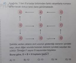 PRA
41. Aşağıda, 1'den 9'a kadar birbirinden farklı rakamlarla numara-
landırılacak dokuz tane daire görülmektedir.
A
D
K
B
E
H
F
Şekilde verilen okların sivri ucunun gösterdiği dairenin içindeki
sayı, okun diğer ucunda bulunan dairenin içindeki sayıdan bü-
yüktür. Örneğin F sayısı G sayısından büyüktür.
Buna göre, D + B + H toplamı kaçtır?
A) 11
B) 12
C) 13
D) 14
E) 15