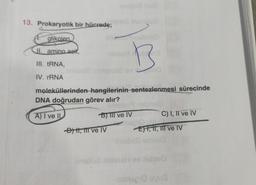 13. Prokaryotik bir hücrede;
glikoien.
II. amino asit,
III. tRNA,
IV. rRNA
moleküllerinden hangilerinin sentezlenmesi sürecinde
DNA doğrudan görev alır?
enieto19
A) I ve II
B) III ve IV
-D) I, III ve IV
C) I, II ve IV
-E), 11, III ve IV
DUNL