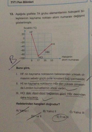 TYT/Fen Bilimleri
13. Aşağıda grafikte 7A grubu elementlerinin hidrojenli bi-
leşiklerinin kaynama noktası-atom numarası değişimi
gösterilmiştir.
Sıcaklık (°C)
HF
20
0
-201
-40
-60
-80
-100
HBr
HI
HCI
9 17 35 53
A) Yalnız I
Buna göre,
1. HF nin kaynama nok