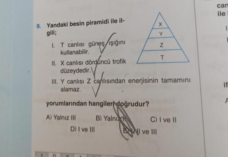 9. Yandaki besin piramidi ile il-
gili;
1
I.
T canlısı güneş ışığını
kullanabilir.
yorumlarından hangiler doğrudur?
A) Yalnız III
B) Yalnız
D) I ve III
X
Y
NF
II. X canlısı dördüncü trofik
düzeydedir.
III. Y canlısı Z canlısından enerjisinin tamamını
alama