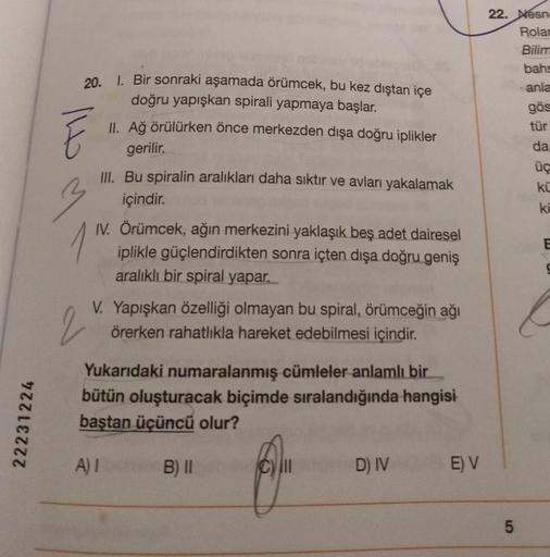 22231224
20. 1. Bir sonraki aşamada örümcek, bu kez dıştan içe
doğru yapışkan spirali yapmaya başlar.
3
2
II. Ağ örülürken önce merkezden dışa doğru iplikler
gerilir.
III. Bu spiralin aralıkları daha sıktır ve avları yakalamak
içindir.
IV. Örümcek, ağın me