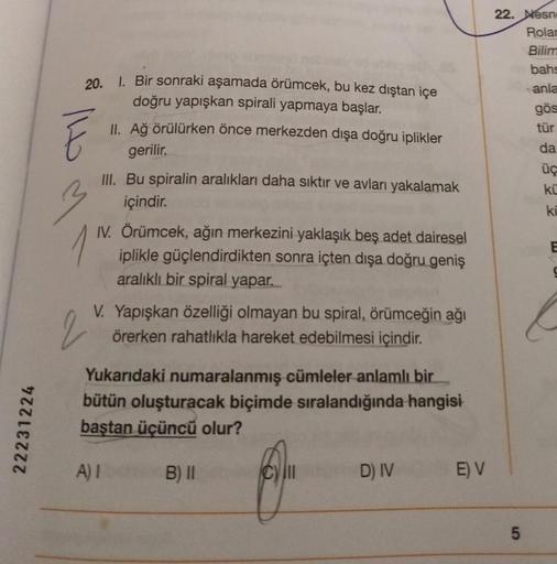 22231224
20. 1. Bir sonraki aşamada örümcek, bu kez dıştan içe
doğru yapışkan spirali yapmaya başlar.
3
2
II. Ağ örülürken önce merkezden dışa doğru iplikler
gerilir.
III. Bu spiralin aralıkları daha sıktır ve avları yakalamak
içindir.
IV. Örümcek, ağın me