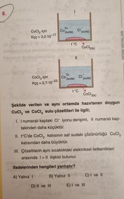 8.
CuCl₂ için
Kçç = 3,2-10-17
Kunulud Reisio gummisög
CoCl3 için
Kçç = 2,7-10-23
Cu
2+
(suda)
Co
D) II ve III
t°C
3+
(suda)
Cl (suda)
t°C
CuCl2(k)
(12)
CI (suda)
CoCl3(k)
hazırlanan doygun
Şekilde verilen ve aynı ortamda
CuCl₂ ve CoCl2 sulu çözeltileri ile ilgili;
I. I numaralı kaptaki CI iyonu derişimi, Il numaralı kap-
takinden daha küçüktür.
II. t°C'de CoCl, katısının saf sudaki çözünürlüğü CuCl₂
katısından daha büyüktür.
III. Çözeltilerin aynı sıcaklıktaki elektriksel iletkenlikleri
arasında 1>Il ilişkisi bulunur.
InDs6p blobua
ifadelerinden hangileri yanlıştır?
A) Yalnız I
B) Yalnız II
C) I ve II
AYDIN YAYINLARI
E) I ve III