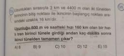 Uzunluklanı sırasıyla 3 km ve 4400 m olan iki tünelden
birincinin bitiş noktası ile ikincinin başlangıç noktası ara-
sındaki uzaklık 16 km'dir.
Uzunluğu 600 m ve saatteki hızı 160 km olan bir hız-
Il tren birinci tünele girdiği andan kaç dakika sonra
ikinci tünelden tamamen çıkar?
A) 8
B) 9
C) 10
D) 12
E) 15
(35