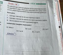 OT
an
7079
in-
ol
n-
a-
a-
Örnek-15
Bir evde çamaşır makinesi çalışırken ütü de çalıştırıldığında elekt-
rik sigortasının attığı, ütüye göre daha fazla akım çeken elekt-
rik fırını çalıştırıldığında elektrik sigortasının atmadığı gözleniyor.
Buna göre;
1. Çamaşır makinesi ile ütü aynı sigortaya bağlıdır.
II. Çamaşır makinesi ile elektrik fırını farklı sigortalara bağlıdır.
III. Ütü ile elektrik fırını farklı sigortalara bağlıdır.
verilerinden hangileri söylenebilir?
A) Yalnız I
Çözüm
83
4. BÖLÜM
D) II ve III
B) I ve III
E) I, II ve III
C) I ve II