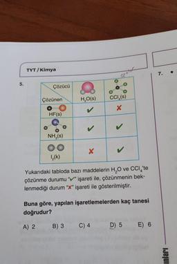 5.
TYT/Kimya
Çözücü
Çözünen
HF(s)
NH3(s)
H₂O(s)
X
B) 3
apotol
1₂(k)
Yukarıdaki tabloda bazı maddelerin H₂O ve CCI 'te
çözünme durumu “✔” işareti ile, çözünmenin bek-
lenmediği durum "x" işareti ile gösterilmiştir.
CCI (S)
X
Buna göre, yapılan işaretlemelerden kaç tanesi
doğrudur?
A) 2
C) 4
D) 5
E) 6
7.
Inları