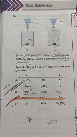 15.
Asitler, Bazlar ve Tuzlar
C)
CO 20
2(g)
D)
EX
X(K)
Şekilde görüldüğü gibi X(k) üzerine Y çözeltisi eklendi-
ğinde CO₂ gazı, Z(k) üzerine Y çözeltisi eklendiğinde H₂
gazı oluşuyor.
X
Na₂CO3
ZA
(suda)
Buna göre X, Y ve Z maddeleri aşağıdakilerden han-
gisi olabilir?
Na
Na₂CO3
Zn
Y
KOH
H₂(9)
H₂CO3
H₂CO3
HNO3
KOH
z (k)
Now
N
(suda)
Zn
Na
Na₂CO3
Zn
Na₂CO3
A
R
M
A