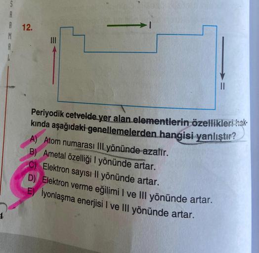 S
A
R 12.
M
A
Periyodik cetvelde yer alan elementlerin özellikleri hak
kında aşağıdaki genellemelerden hangisi yanlıştır?
A) Atom numarası IIl yönünde azalır.
B) Ametal özelliği I yönünde artar.
C) Elektron sayısı Il yönünde artar.
D) Elektron verme eğilim