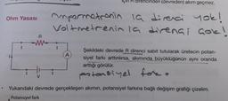 ●
Ohm Yasası
IA
I
R
ww
V
R dilencinden (devreden) akım geçmez.
Ampermetranin ia direnci yok!
Voltmetrenin ia dirençi çok!
I
A
Şekildeki devrede R direnci sabit tutularak üretecin potan-
siyel farkı arttırılırsa, akımında büyüklüğünün aynı oranda
arttığı görülür.
potansiyel for=
Yukarıdaki devrede gerçekleşen akımın, potansiyel farkına bağlı değişim grafiği çizelim.
Potansiyel fark