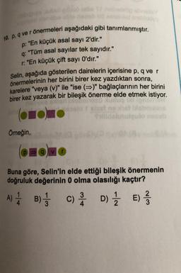 10. p. q ve r önermeleri aşağıdaki gibi tanımlanmıştır.
p: "En küçük asal sayı 2'dir."
q: "Tüm asal sayılar tek sayıdır."
r: "En küçük çift sayı O'dır."
Selin, aşağıda gösterilen dairelerin içerisine p, q ve r
önermelerinin her birini birer kez yazdıktan sonra,
karelere "veya (v)" ile "ise (→)" bağlaçlarının her birini
birer kez yazarak bir bileşik önerme elde etmek istiyor.
sosio
(ONONO
Örneğin,
ulo nessb
OHOMO
Buna göre, Selin'in elde ettiği bileşik önermenin
doğruluk değerinin 0 olma olasılığı kaçtır?
3
2
A) 1 B) 3 C) D) // E) 1/3
2/1
-33