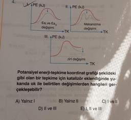 4.
APE (KJ)
Ea, ve Eag
değişimi
A) Yalnız I
III. APE (KJ)
II. APE (KJ)iaget e
S
TK
D) II ve III
$18
Mekanizma
değişimi
AH değişimi
Suuto B) Yalnız II
TK
Potansiyel enerji-tepkime koordinat grafiği şekildeki
gibi olan bir tepkime için katalizör eklendiğinde yu-
karıda ok ile belirtilen değişimlerden hangileri ger-
çekleşebilir?
TK
nolgi
I sinisY (A)
E) I, II ve III
C) I ve II