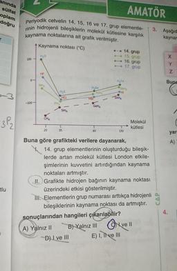 anında
sülfat
oplam
doğru
·3 P₂
tlu
Periyodik cetvelin 14, 15, 16 ve 17. grup elementle-
rinin hidrojenli bileşiklerin molekül kütlesine karşılık
kaynama noktalarına ait grafik verilmiştir.
Kaynama noktası (°C)
100
0-
-100-
H₂o
HF
NH
CHI
T
20
PH
H₂S
HCL
Silt
35
H₂Se
HBr
ASH
Gelt
80
.-. 14. grup
15. grup
H₂Te
Snitt
A) Yalnız II B) Yalnız III
D) I ve III
130
AMATÖR
Buna göre grafikteki verilere dayanarak,
sbts
HI
sonuçlarından hangileri çıkarılabilir?
16.grup
17.grup
E) I, ve III
14. grup elementlerinin oluşturduğu bileşik-
lerde artan molekül kütlesi London etkile-
şimlerinin kuvvetini artırdığından kaynama
noktaları artmıştır.
II. Grafikte hidrojen bağının kaynama noktası
üzerindeki etkisi gösterilmiştir.
Ili. Elementlerin grup numarası arttıkça hidrojenli
bileşiklerinin kaynama noktası da artmıştır.
Molekül
kütlesi
ve II
3. Aşağıd
kaynar
CAP
NXX
4.
Y
Bupa
yar
A)